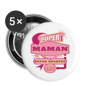 Super maman super occupée humour mère cadeau drôle - Lot de 5 grands badges (56 mm) - blanc - Devant
