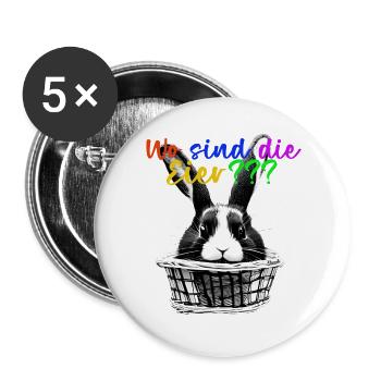 Osterdesign Hase im Korb T-Shirt mit der Frage - Buttons groß 56 mm (5er Pack) - Weiß - Vorne