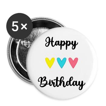 HAPPY BIRTHDAY. JOYEUX ANNIVERSAIRE. ANNIVERSAIRE. - Lot de 5 grands badges (56 mm) - blanc - Devant