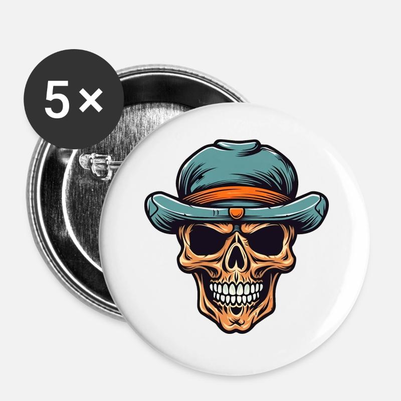 Skull and crossbones with hat - Buttons large 2.2''/56 mm (5-pack) - white