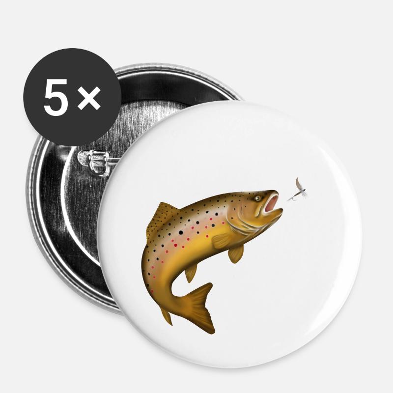 Bachforelle Forelle Fisch Fliegenfischen - Buttons groß 56 mm (5er Pack) - Weiß