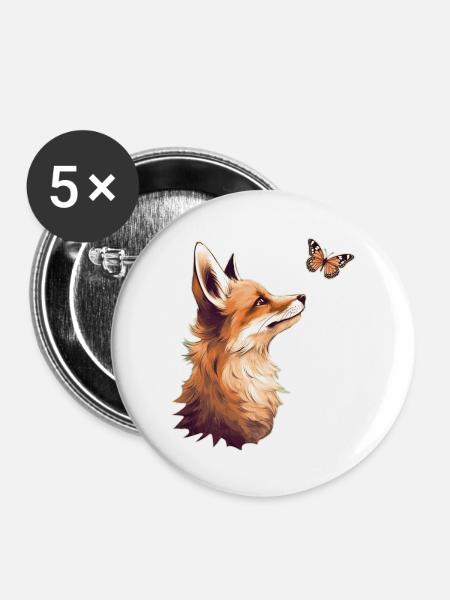 Fuchs mit Schmetterling - Buttons groß 56 mm (5er Pack) - Weiß