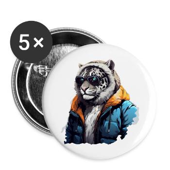 Streetstyle Schneeleopard | Leoparden-Liebhaber - Buttons groß 56 mm (5er Pack) - Weiß - Vorne