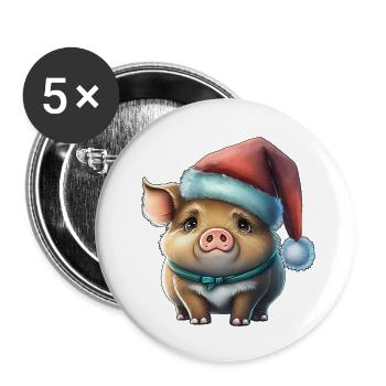 Weihnachtsschwein, niedliches Tier, Mütze - Buttons groß 56 mm (5er Pack) - Weiß - Vorne