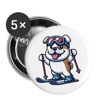 Bulldog on skis - winter holiday in comic style - Buttons large 2.2''/56 mm (5-pack) - white - Front