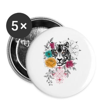 Florales und dekoratives Tigerkopf-Design in Coule - Buttons groß 56 mm (5er Pack) - Weiß - Vorne