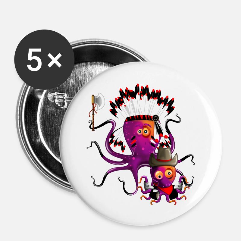 Indian Octopus & Cowboy - Buttons large 2.2''/56 mm (5-pack) - white