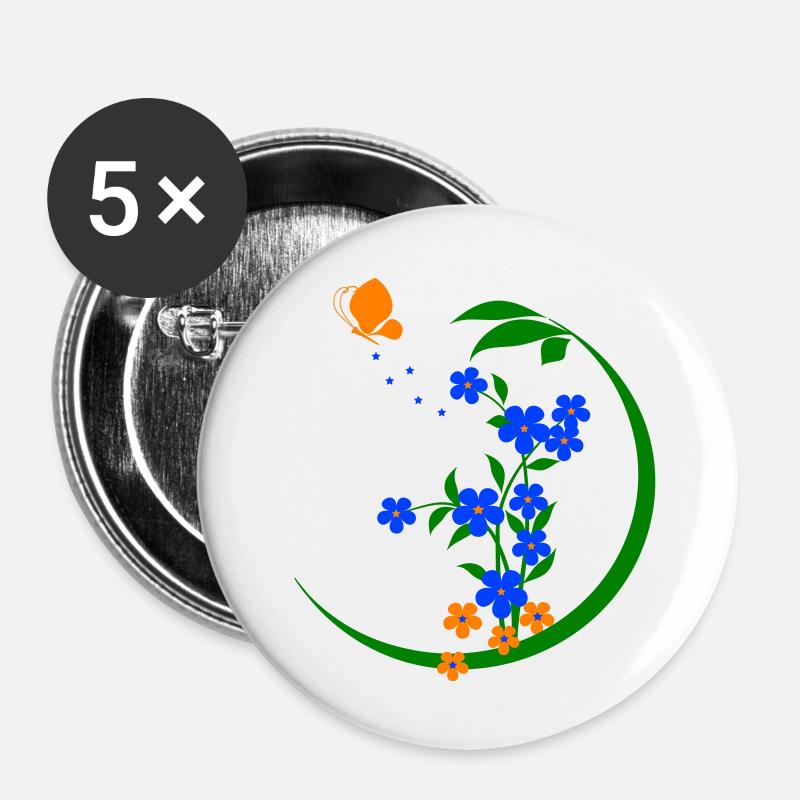 Garten Blumen Schmetterling - Buttons groß 56 mm (5er Pack) - Weiß