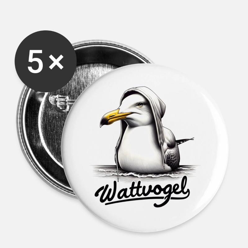 Wattvogel Coole Möwe mit Kapuze - Buttons groß 56 mm (5er Pack) - Weiß