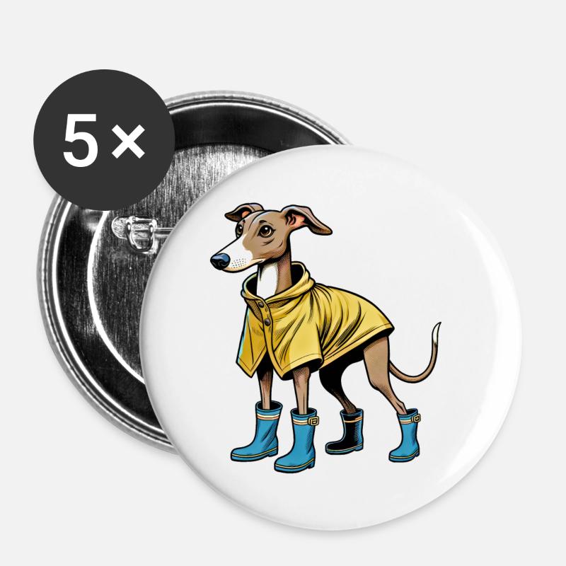 Whippet im Regenmantel - Buttons groß 56 mm (5er Pack) - Weiß