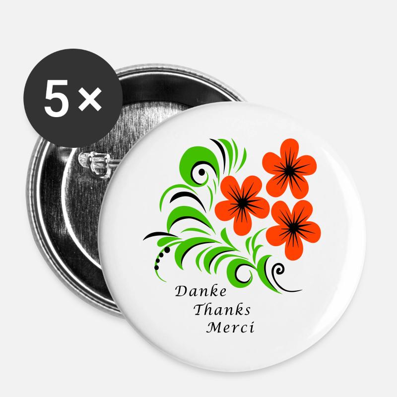 Danke Thanks Merci - Buttons groß 56 mm (5er Pack) - Weiß
