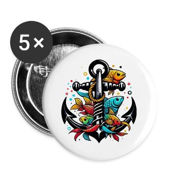 Une ancre avec des poissons - Lot de 5 grands badges (56 mm) - blanc - Devant