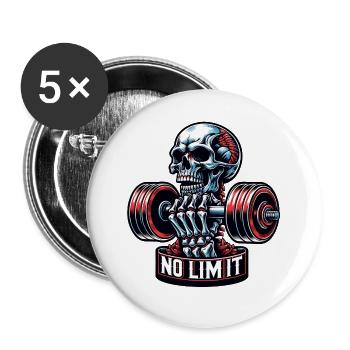 No Limit Workout Bodybuilding Skull mit Hantel - Buttons groß 56 mm (5er Pack) - Weiß - Vorne