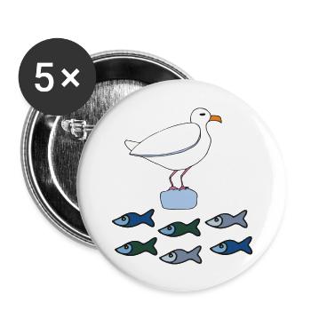 möve mit fischen - Buttons groß 56 mm (5er Pack) - Weiß - Vorne