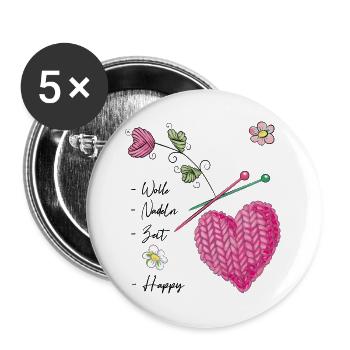 Coeur tricoté avec des fleurs et des aiguilles à tricoter - Lot de 5 grands badges (56 mm) - blanc - Devant