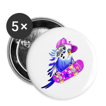 Wellensittich Skateboard - Buttons groß 56 mm (5er Pack) - Weiß - Vorne