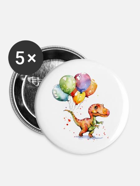 Saurier mit Luftballon - Buttons groß 56 mm (5er Pack) - Weiß