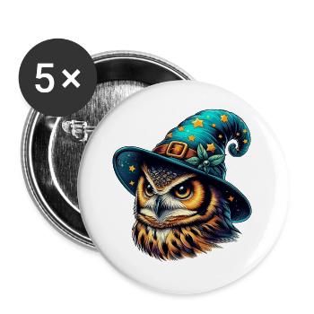 Zauberer Eule - Buttons groß 56 mm (5er Pack) - Weiß - Vorne