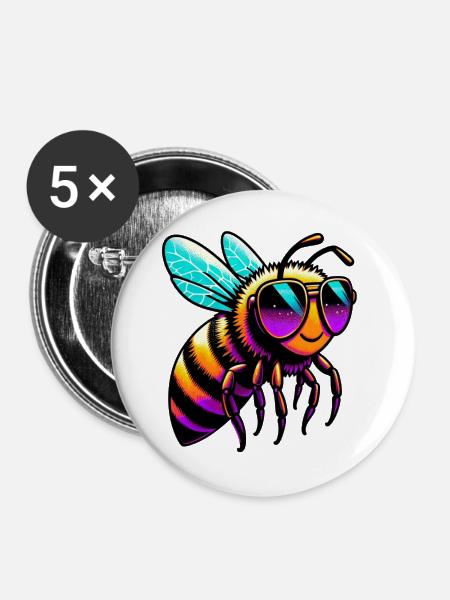Biene mit Sonnenbrille - Buttons groß 56 mm (5er Pack) - Weiß