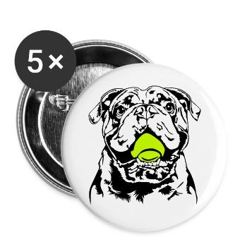 Bulldogge Ball Balljunkie Hunde Wilsigns - Buttons groß 56 mm (5er Pack) - Weiß - Vorne