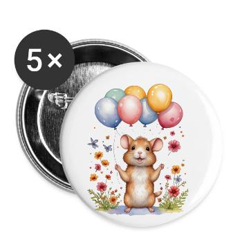 Souris mignonne avec des ballons d’anniversaire - Lot de 5 grands badges (56 mm) - blanc - Devant