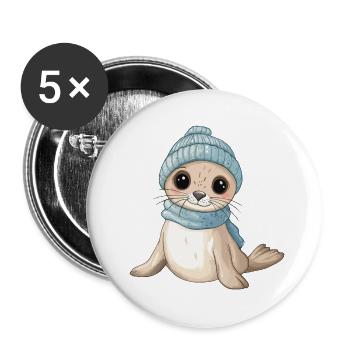 Robbe Süß Niedlich Baby Kinder Tier Cartoon - Buttons groß 56 mm (5er Pack) - Weiß - Vorne