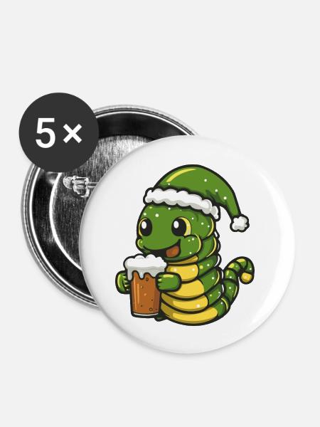 Wurm Weihnachten Bier - Buttons groß 56 mm (5er Pack) - Weiß