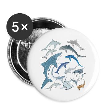 Tigerhai Blauhai Walhai Haiarten - Buttons groß 56 mm (5er Pack) - Weiß - Vorne