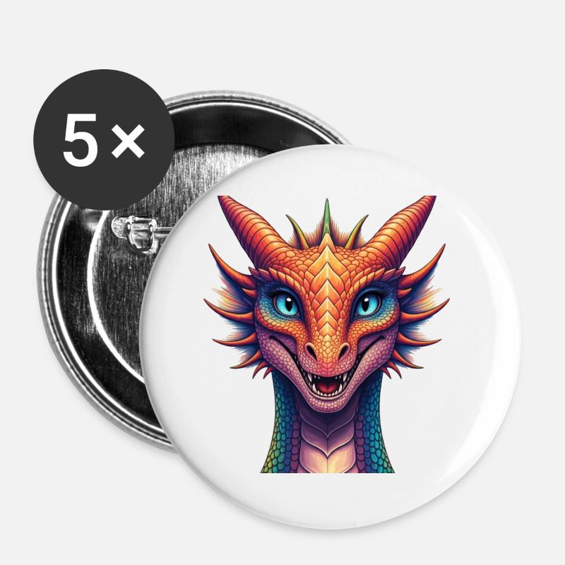 Lebendiger Regenbogen-Drachenkopf - Buttons groß 56 mm (5er Pack) - Weiß