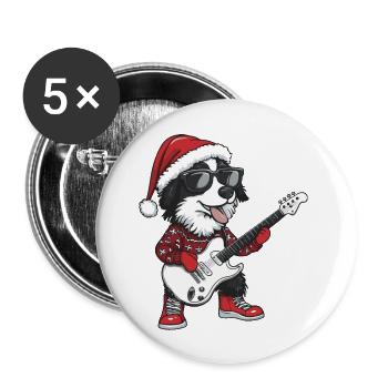 Border Collie Hund Weihnachten Rocker Gitarre - Buttons groß 56 mm (5er Pack) - Weiß - Vorne