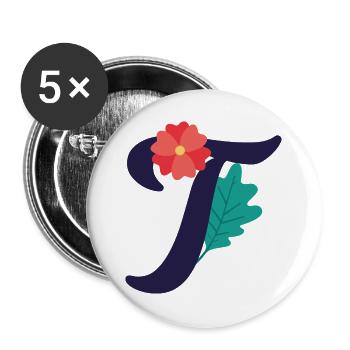 Eleganter Buchstabe 'T' mit Blumen - Buttons groß 56 mm (5er Pack) - Weiß - Vorne