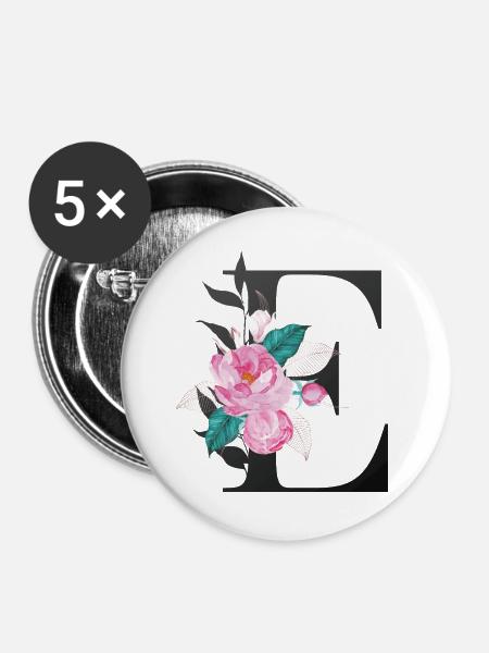 Eleganter Buchstabe 'E' mit Blumen - Buttons groß 56 mm (5er Pack) - Weiß