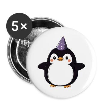 Glücklicher Pinguin mit Partyhut - Cartoon Design - Buttons groß 56 mm (5er Pack) - Weiß - Vorne