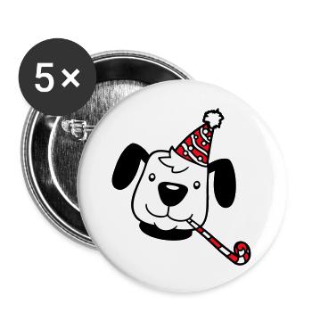 Hund Geburtstag Silvester Party Hut Feiern Tröte - Buttons groß 56 mm (5er Pack) - Weiß - Vorne