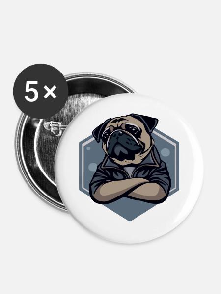 Mops Hund - Buttons groß 56 mm (5er Pack) - Weiß