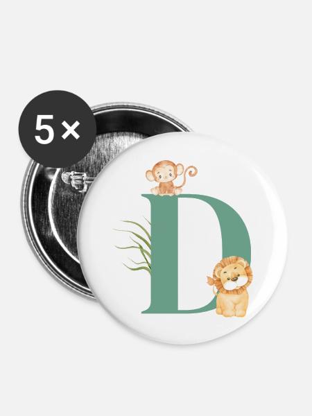 Buchstabe d grüne Dschungeltiere - Buttons groß 56 mm (5er Pack) - Weiß