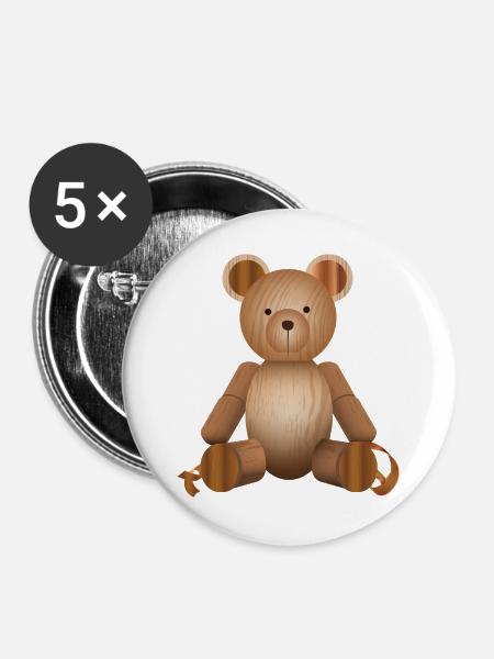 Holzoptik – Niedliche Bärenfigur - Buttons groß 56 mm (5er Pack) - Weiß