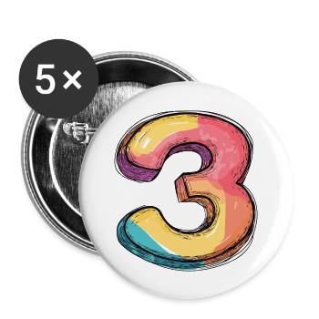 3 Zahl Bunt - Buttons groß 56 mm (5er Pack) - Weiß - Vorne