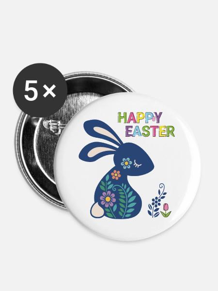 Osterhase Happy Easter - Buttons groß 56 mm (5er Pack) - Weiß
