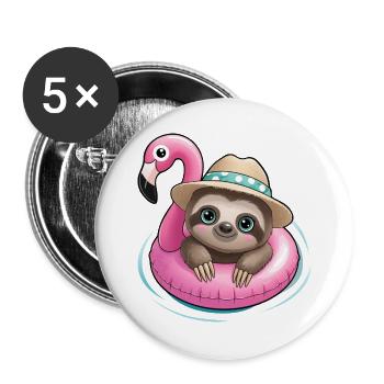 Kawaii Faultier im Flamingo🦩 - Buttons groß 56 mm (5er Pack) - Weiß - Vorne