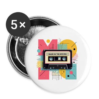 Retro 80er 90er Jahre Kassette Geschenk - Buttons groß 56 mm (5er Pack) - Weiß - Vorne