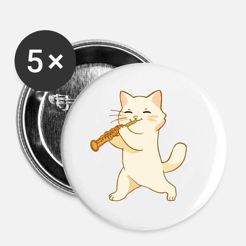 Katze spielt Oboe - Buttons groß 56 mm (5er Pack) - Weiß