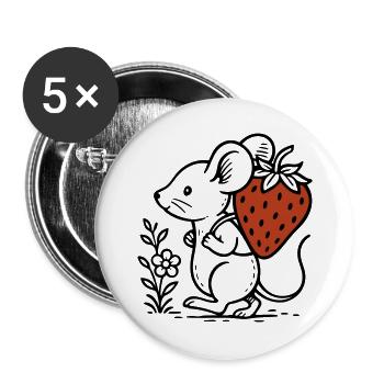 Souris avec fraise - conception de la nature mignonne - Lot de 5 grands badges (56 mm) - blanc - Devant