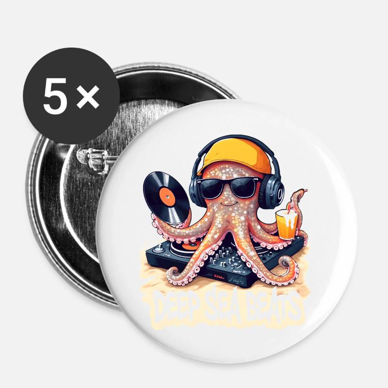 Deep Sea Beats – DJ Octopus 🐙 - Buttons large 2.2''/56 mm (5-pack) - white