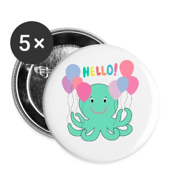 Krake Mit Luftballons sagt Hallo - Meer Spaß - Buttons groß 56 mm (5er Pack) - Weiß - Vorne