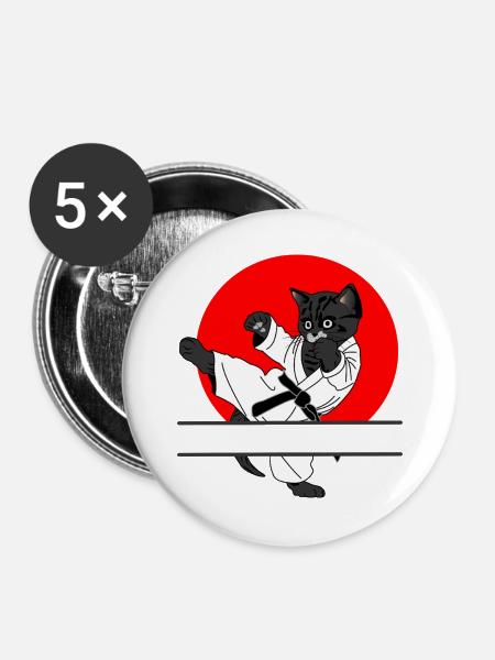 Schwarze Katze Karate Sonne - Buttons groß 56 mm (5er Pack) - Weiß