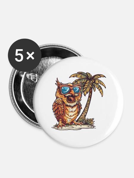 Eule Insel Palme - Buttons groß 56 mm (5er Pack) - Weiß
