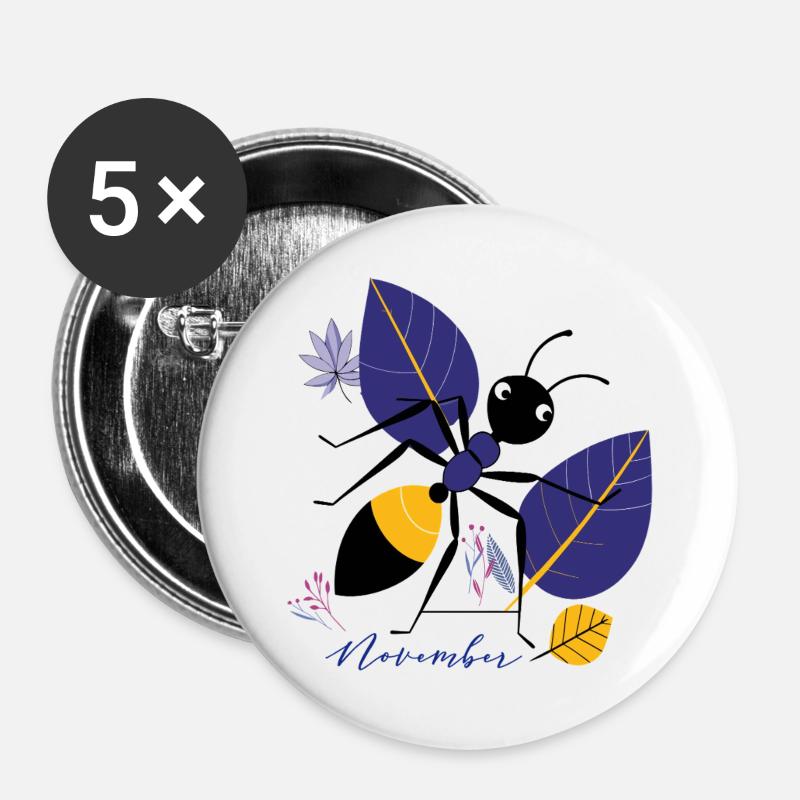 November Vogel mit Blättern im Herbst - Buttons groß 56 mm (5er Pack) - Weiß