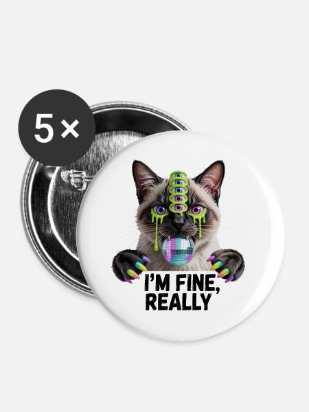 Neon-Mehräugige Disco-Katze - Buttons groß 56 mm (5er Pack) - Weiß