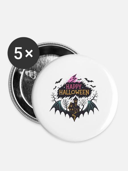 Frohes Halloween und Spukhaus - Buttons groß 56 mm (5er Pack) - Weiß